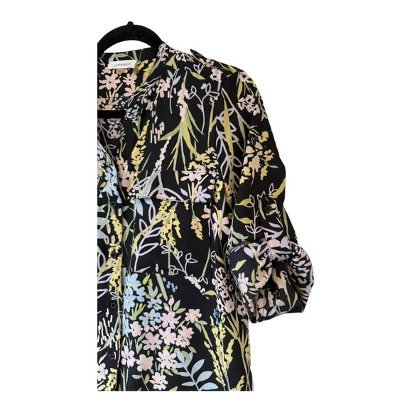 Calvin Klein Women’s Button Front Blouse Black Pastel Garden Floral - Size Small - Picture 6 of 15